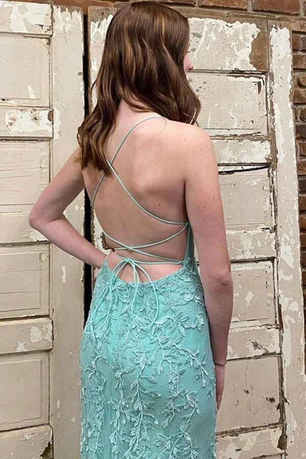 Vestido de fiesta de sirena de tul con escote redondo y cordones en la espalda